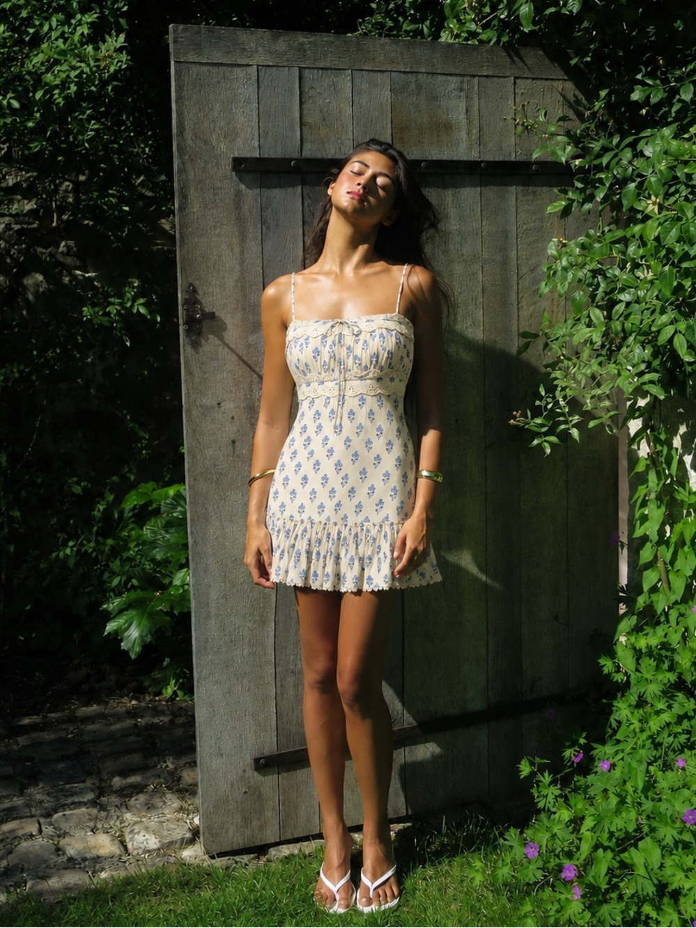 Patrons of Peace Cream Blue Floral Cotton Mini Dress XS Cottagecore Boho Prairie - Picture 3 of 11